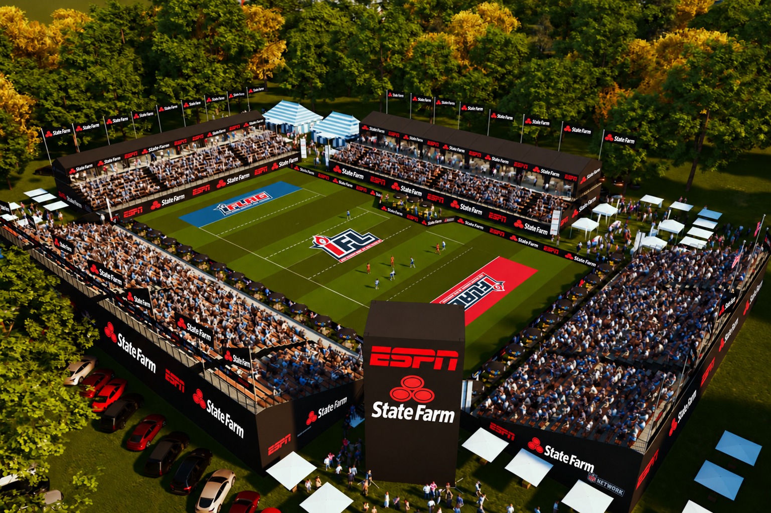 Aerial concept of the State Farm-branded Flag World Cup broadcast stadium